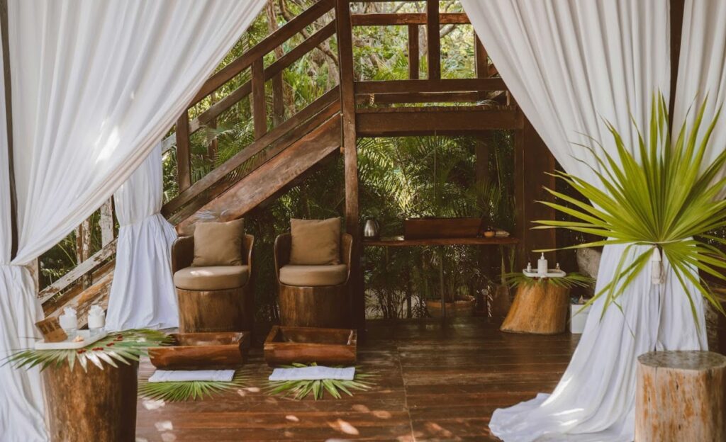 Stylish hotel interior with wooden accents, white curtains, lush plants, and two elegant sofas